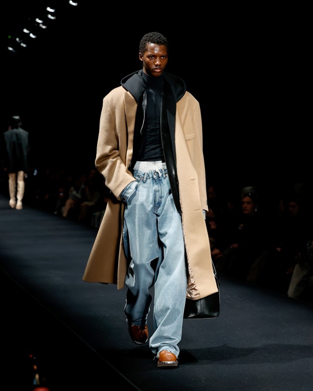 MM6 Fall 2023 mens high waste baggy jeans with camel wool full-length dress coat.