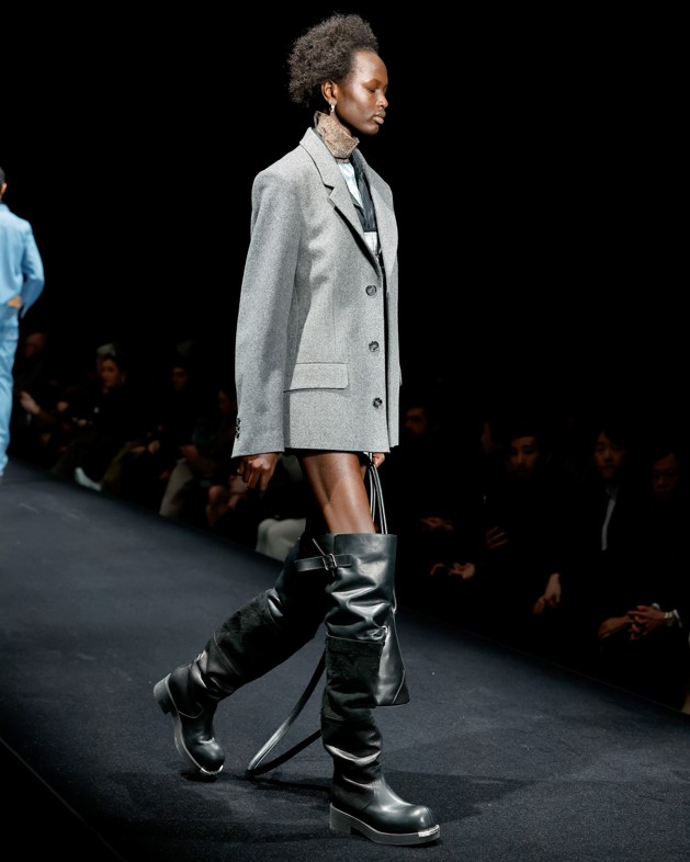 MM6 Fall 2023 heather suit-coat with hip-height black leather boots