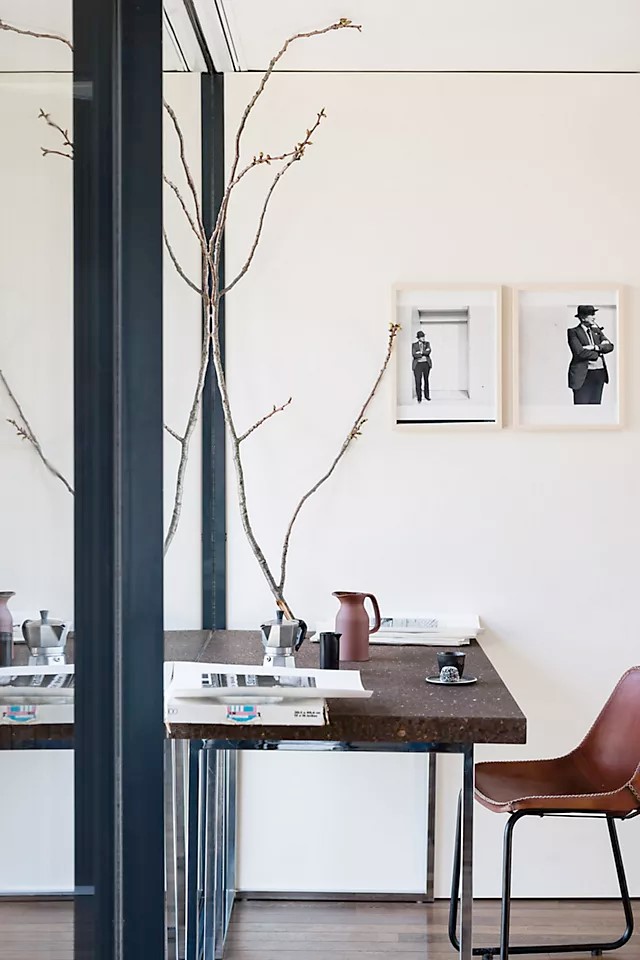 Modern, minimalist workspace with walls painted School House White by Farrow and Ball